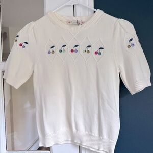 NWT Bonpoint short-sleeved cream cotton sweater with cherry embroidery, Size 10